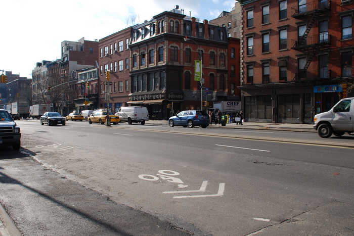 Sharrows on Bowery connecting Bleeker and 2nd Street